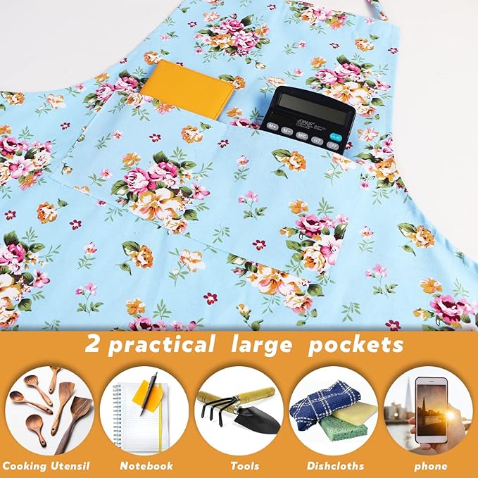 Sanlykate Extra Large Canvas Cotton Apron for Men & Women, Plus Size Durable Aprons with 2 Pockets, Adjustable Bib Machine Washable Oversized Aprons for Baking, Cooking, Painting - Blueness