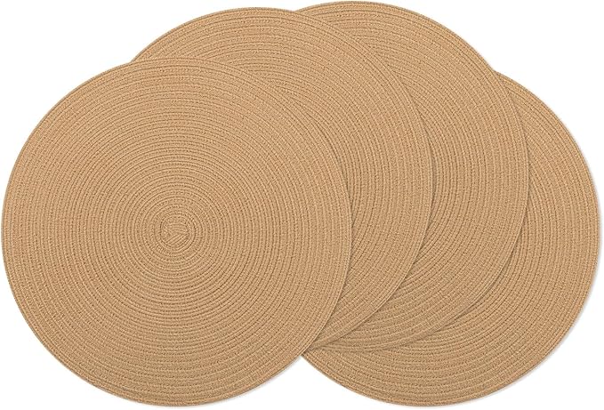 SHACOS 15 inch Round Braided Placemats Set of 4 Cotton Polyester Place Mats Washable Kitchen Dining Table Mats for Dinner Party Table Decor (Camel, 4)