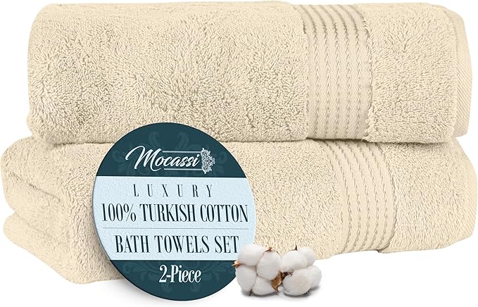 Mocassi Luxury 100% Turkish Cotton 2-Pack Bath Towel Set- Ultra Soft, Quick Dry Highly Absorbent 27 x 54 inch Premium Spa Hotel Quality 2PC Bath Towels - Luxurious Soft Bathroom Towels, Ivory