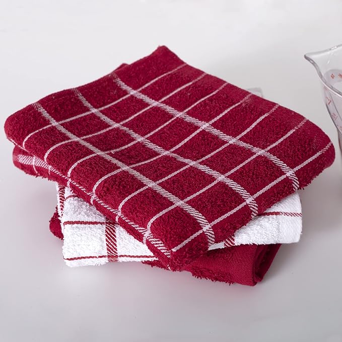 Ritz Premium 100% Cotton Terry Check Kitchen Dish Towels - Highly Absorbent, Super Soft, Long-Lasting, 25"x15", 3-Pack, Paprika Red