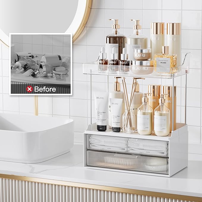 Delamu Bathroom Organizers and Storage, 2 Tier 2 Drawer Makeup Organizer Countertop, Easy to Install, Ideal for Bathroom Counter, Vanity, Ideal for Women Girls, Clear