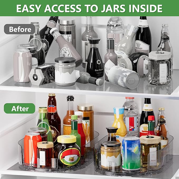 Lazy Susan Organizer for Refrigerator, 13.5'' x 8.5'' Clear Rectangular Turntable Fridge Organizer for Condiments in Refrigerator, Cabinet, Pantry, or Kitchen Countertop (2 Pack)