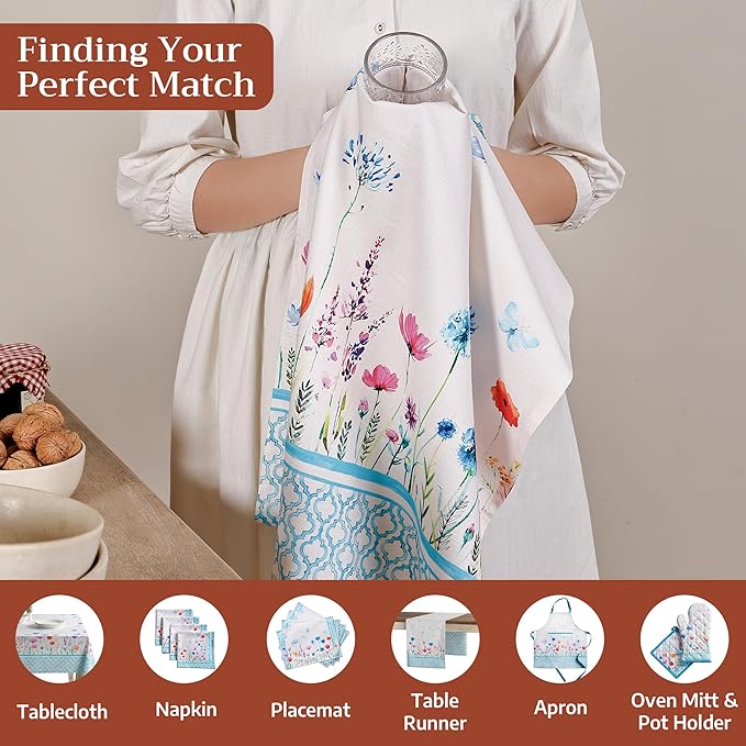 Maison d' Hermine Kitchen Towels Set of 3 100% Cotton 27.50" x 20" Reusable Cloth Tea Dish Towels Absorbent with Hanging Loop for Kitchen Gifts for Mothers Day Spring/Summer (Flower in The Field)