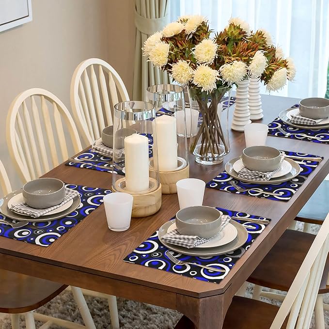 Blue Black Geometric Circle Linen Placemats Set of 4, Washable Heat Resistant Table Mats for Dining Table Kitchen, Tech - Themed Party Wedding Outdoor Holiday, Modern Home Decor, 12" x 18" Place Mats
