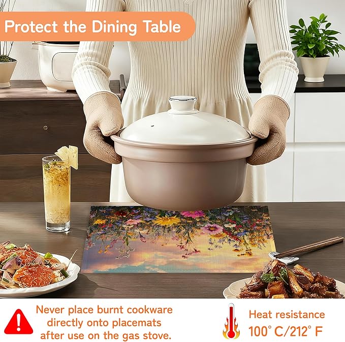 Garden Wlidflowers Placemat Set of 6,Plants Heat Resistant Linen Table Mats for Indoor Outdoor Home Kitchen Dining Room Table 12x18Inch