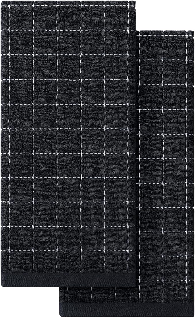 Homaxy 100% Cotton Terry Kitchen Towels(Black, 13 x 28 inches), Checkered Designed, Soft and Super Absorbent Dish Towels, 2 Pack