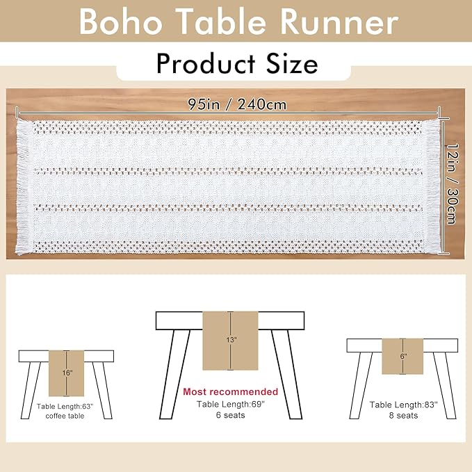 Alynsehom Macrame Table Runner Cream Beige Boho Table Runners with Tassels Hand Woven Cotton Table Runner Rustic Farmhouse Table Runners for Bohemian Kitchen Dining Table(12x95in)