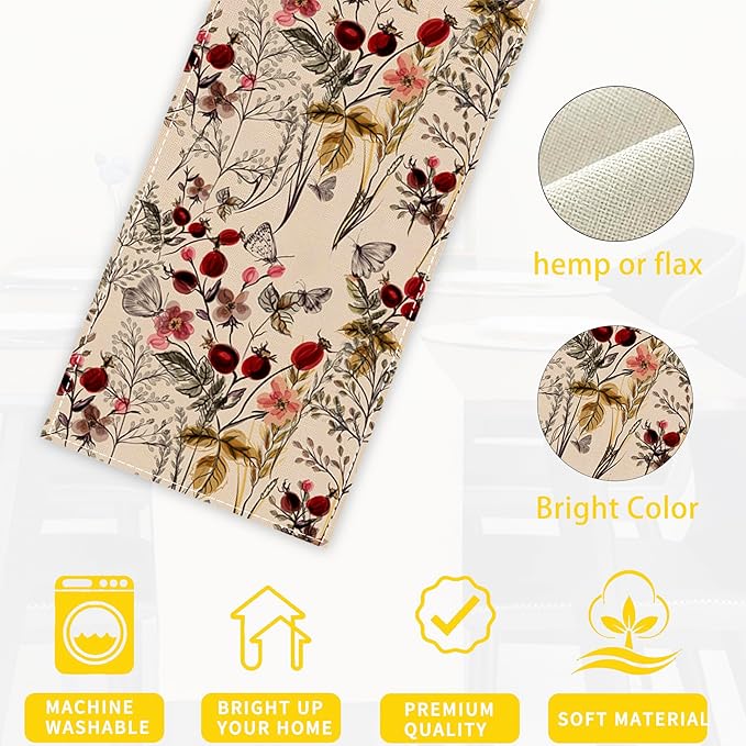 Table Runner Vintage Flower Butterfly Table Runners Summer Seasonal Kitchen Dinning Decor for Indoor Outdoor Holiday Home Wedding Party 13x70 Inch
