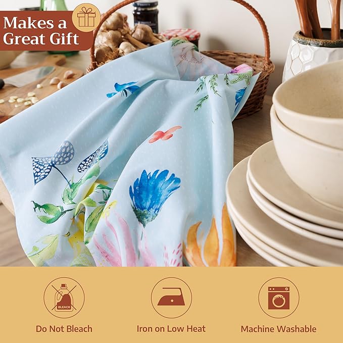 Maison d' Hermine Kitchen Towels Set of 3 100% Cotton 27.50" x 20" Reusable Cloth Tea Dish Towels Absorbent with Hanging Loop for Kitchen Gifts for Mothers Day Spring/Summer (Jardin D'Ete - Mint)