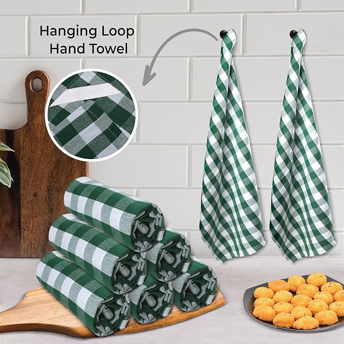 Urban Villa Kitchen Towels 100% Cotton Dish Towels for Kitchen (Set of 6) 20”x30” Dish Cloths Highly Absorbent Kitchen Linen Set with Hanging Loop Perfect for Drying Dishes Cleaning – Hunter/White