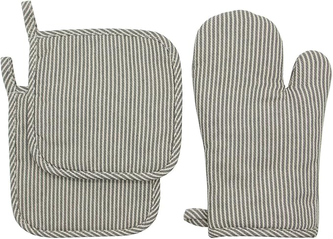 Cotton Oven Mitts and Pot Holders Set, Kitchen Quilted Oven Gloves, Hot Pan Mat Pads Set for Cooking Grilling Barbeque Baking Heat Resistant Set of 3 (3, Grey Stripes)