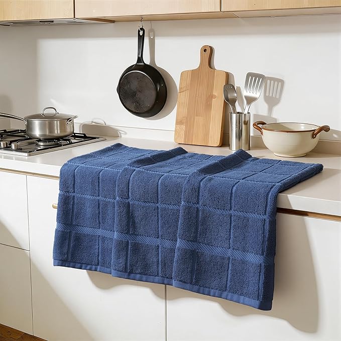Homaxy Premium Kitchen Towels 18"x28", 4 Pack Large Cotton 380 GSM Dish Towels, Soft and Absorbent Kitchen Hand Towels with Terry Grid Design, Utility Tea Towel Set with Hanging Loop, Navy Blue