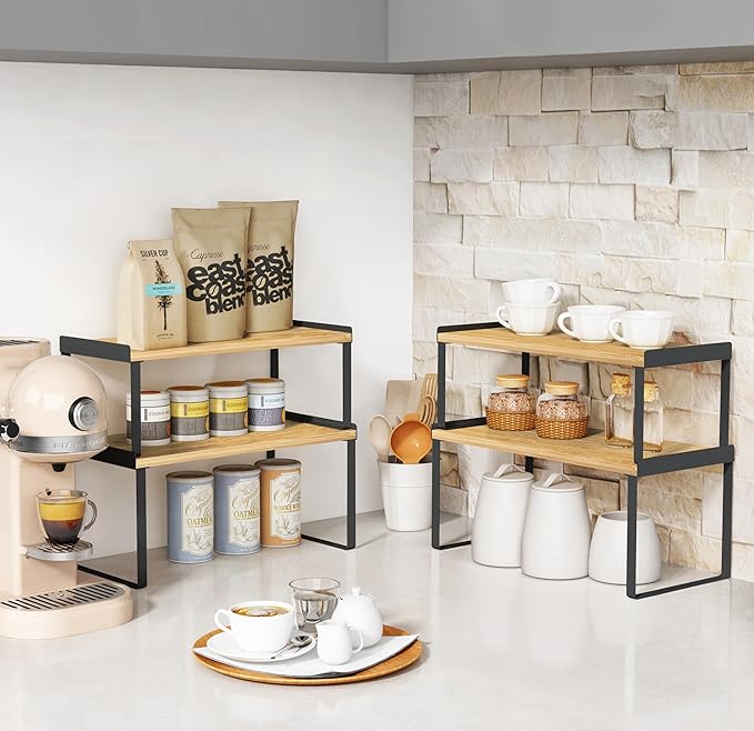 Goozii Kitchen Cabinet Organizer Shelf Set of 4, Stackable Pantry Cupboard Countertop Storage and Organizer, Desk Shelf Riser, Spice Plate Cup Expandable Storage Rack,(Black Bamboo) Large