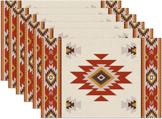 Southwestern Placemats Set of 6, Rusty Red Tribal Geometric Linen Place Mat Washable Stain Resistant Table Mats for Farmhouse Kitchen Dining Decor 12x18 Inch