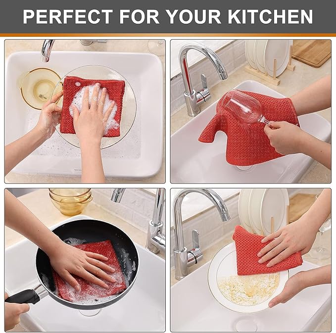 Kitinjoy 100% Cotton Kitchen Dish Cloths (12 X 12 Inches, Brick Red), 8 Pack Waffle Weave Ultra Soft Absorbent Dish Towels for Drying Dishes Quick Drying Kitchen Towels Dish Rags
