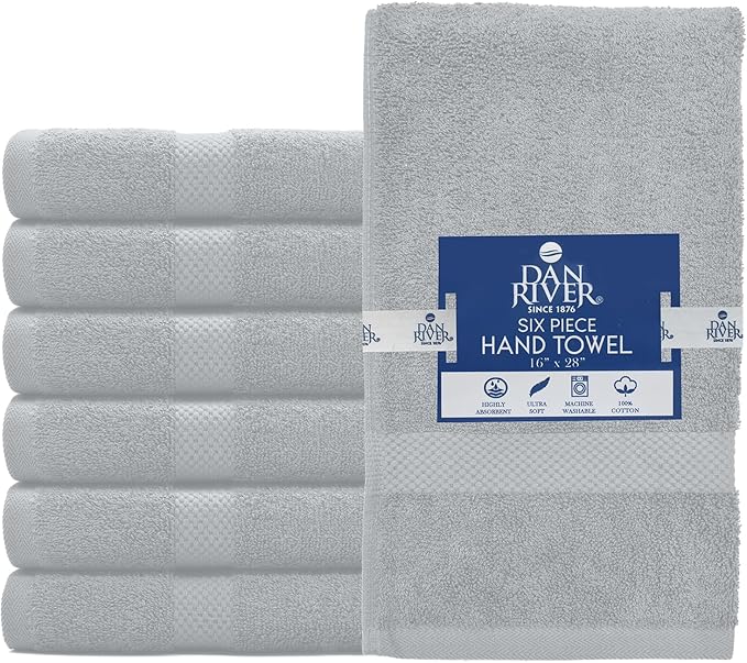 DAN RIVER 6-Pack Premium Hand Towels (16x28 Inches) - 100% Cotton, Ultra Soft, Lightweight, Highly Absorbent Towels for Bathroom, Spa, Gym, Salon, Hotel, and Travel - Silver