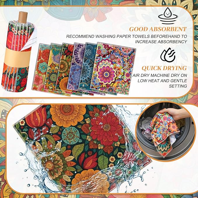 Redbaker 36 Pcs Reusable Paper Towels Rolls Towels Bulk Kitchen Washable Paperless Cloth Cotton Hand Napkins with Cardboard Reusable Napkins for Kitchen Bathroom (Boho Floral Style)