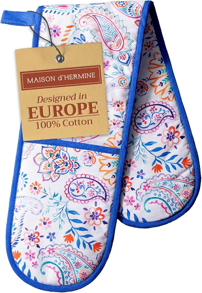 Maison d' Hermine Double Oven Mitts 100% Cotton 7"x35" Double Oven Mitt Heat Resistant BBQ Cooking Gloves with Loop Baking Grilling Gifts for Mothers Day Spring Summer (Indian Floral)