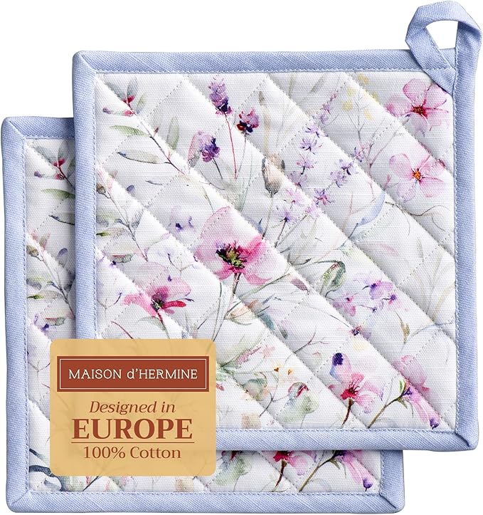 Maison d' Hermine Pot Holders 100% Cotton Heat Resistant Potholders 8" x 8" Hot Pads with Loop BBQ Cooking Baking Gifts for Mothers Day Handling Hot Pans Spring/Summer (Pack of 2, Summer Floral)