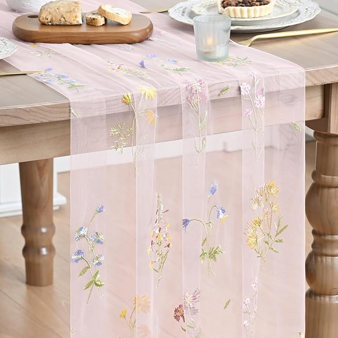 Artoid Mode Wildflower Floral Light Pink Gauze Embroidery Table Runner 120 Inch 10FT, Tulle Seasonal Spring Kitchen Dining Table Decor for Home Party