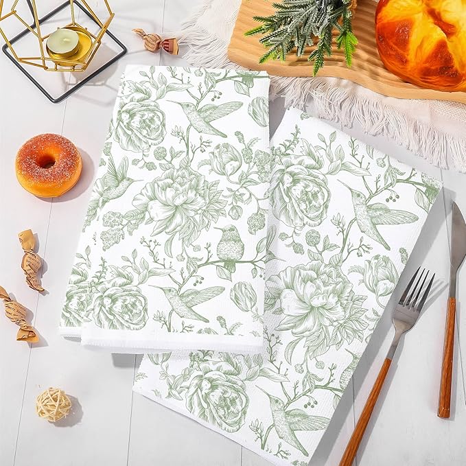 Green Floral Kitchen Towel Flower Birds Dish Towel 18 x 28 Inch Hand Drying Tea Towel for Cooking Baking Party Supplies, 2Pcs