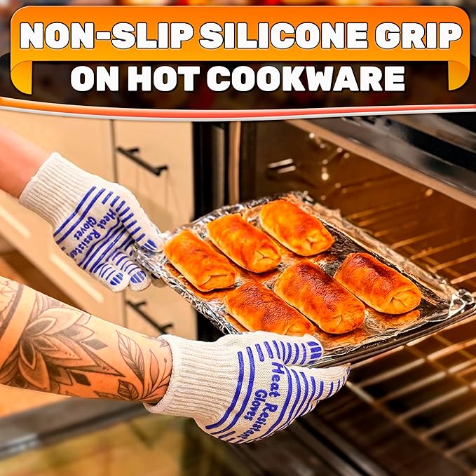 Heat Resistant Gloves - Aramid Oven Gloves with Fingers for Cooking & Grilling, Lightweight BBQ Gloves with Cotton Lining, Non-Slip 9.45x3.94 Kitchen Mitts for Baking & Frying, Kitchen Gift for Chefs