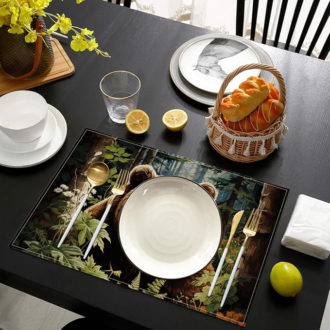 Forest Brown Bear Placemats Set of 6, Washable Heat Resistant Table Mat Animal Linen Place Mats for Party Kitchen Dining Home Decor 12x18 Inch