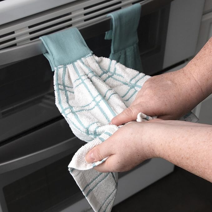 Ritz Premium 100% Cotton Solid and Multi Check Kitchen Tie Towel Absorbent, Super Soft, and Fast Drying Hang Towel, Set of Three, Dew