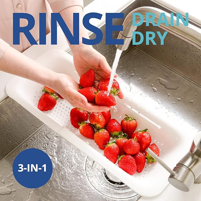 BLUE GINKGO Over the Sink Colander Strainer Basket - Wash Vegetables and Fruits, Drain Cooked Pasta and Dry Dishes - Extendable - New Home Kitchen Essentials (White, 1 Pack)