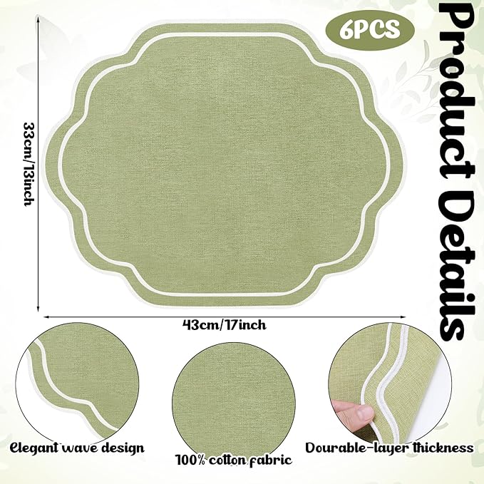 Breling 6 Pcs Wedding Placemats Scalloped Embroidered Cotton Linen Placemats 17" x 13" Double Layered Machine Washable Table Place Mat for Party Table Decor (Sage Green)