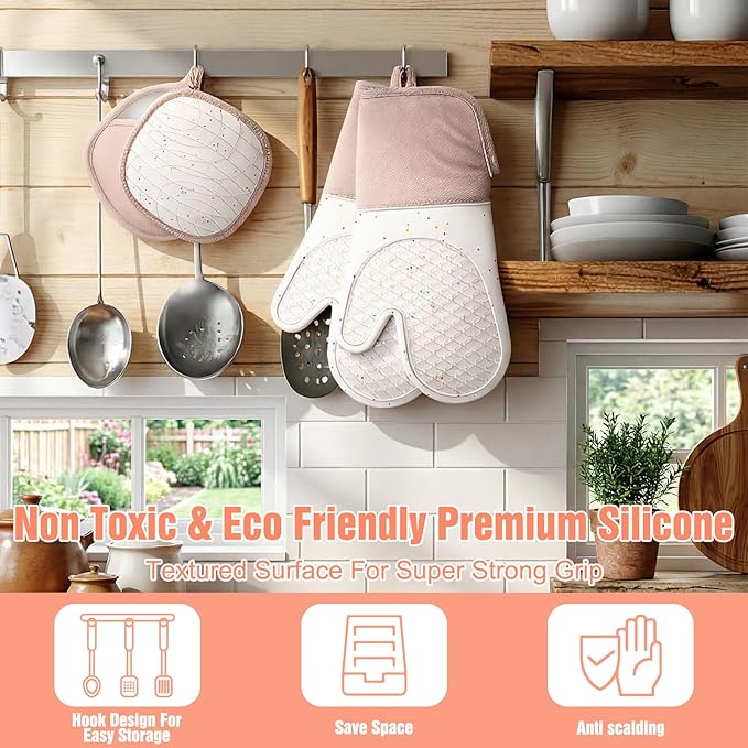 7 Pcs Kitchen Oven Mitts and Pot Holders Sets, Silicone Oven Mittens Potholders Heat Resistant 500°F Cotton Lining Non-Slip Cute Mitts with Hook Up & Oil Brush for Kitchens Cooking Baking BBQ (Cream)