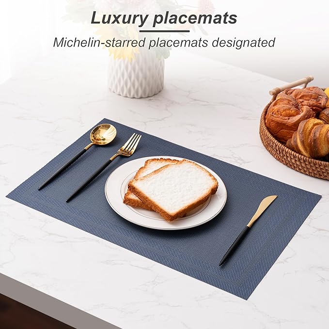 CADONO Placemats Set of 6 Washable Indoor/Outdoor Vinyl Place Mats for Dining Table Durable Non-Slip Heat Resistant PVC Weave Table Mats（Simple Style-Deep Blue）
