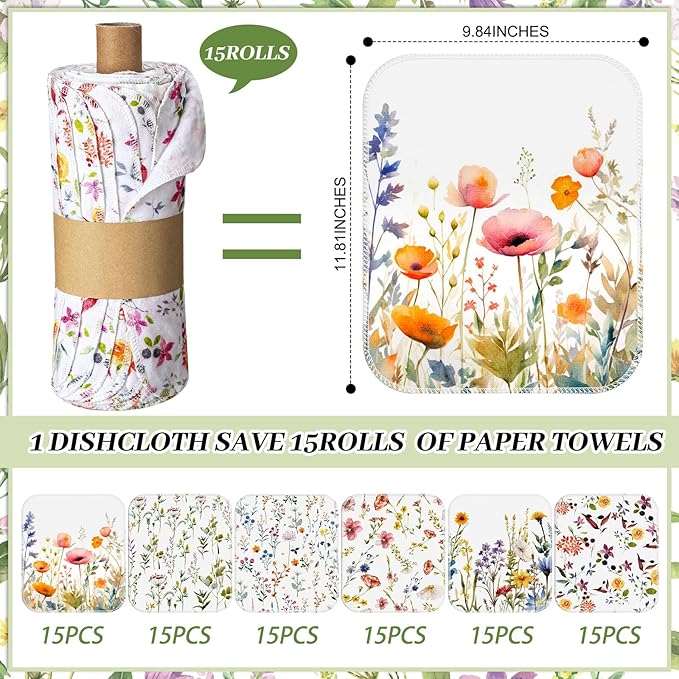 90 Pack Reusable Cleaning Cloths Washable Cotton Kitchen Dish Towels for Home Party Supplies Bulk, 9.84x11.81in (Wildflowers)