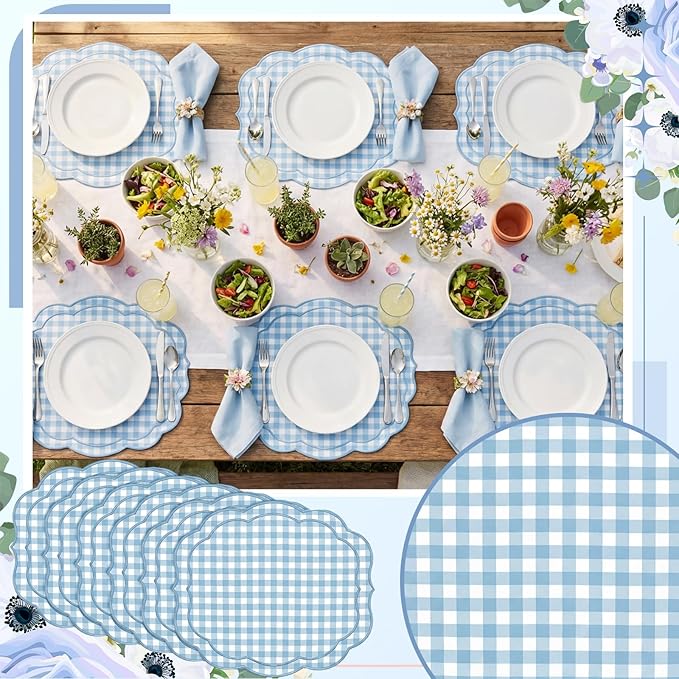Breling Set of 6 Blue Gingham Placemats Scalloped Embroidered Cotton Linen Placemats 17" x 13" Double Layered Machine Washable Table Place Mat for Wedding Birthday Baby Shower Party Table Decor