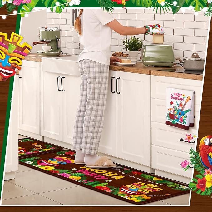 Fourluoo 10 Pcs Hawaii Kitchen Towels Oven Mitts and Pot Holder Luau Aloha Kitchen Set Decor Flower Tropical Palm Rugs and Mats Parrot Flamingo Dish Towels for Summer Chef Baking Cooking Grilling BBQ