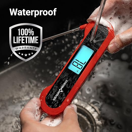 Professional 0.5 Sec Instant Read Meat Thermometer Digital, NIST Certified ±0.5℉ Accuracy, Auto Rotate Large LCD Display, Highly Waterproof Cooking Thermometer for Baking Grill BBQ Smoker Oven, Red