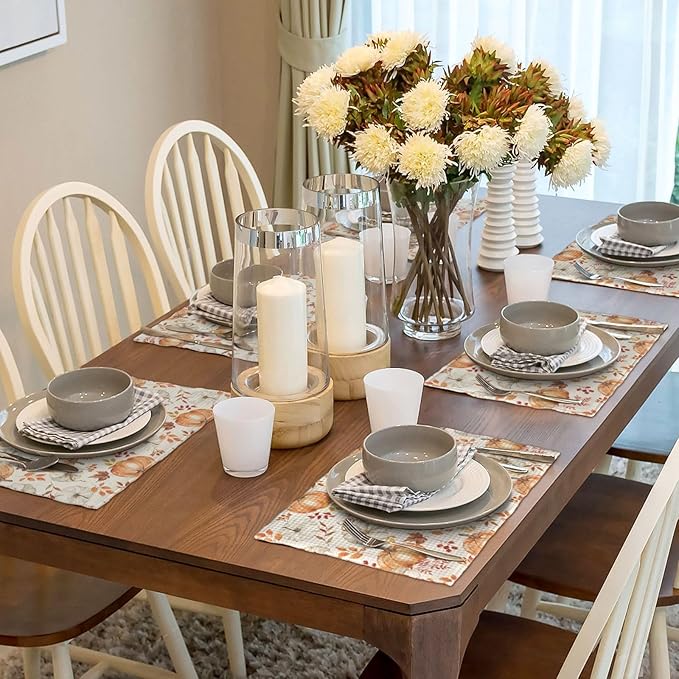 Fall Placemats Set of 4 Orange Grey Pumpkin Leaves Floral Decor Place Mats 12x18 Inch Autumn Leaf Harvest Thanksgiving Decorative Linen Table Mats for Home Kitchen Dining Party Table Decoration