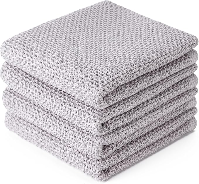 BOOMIBOO 4-Pack Dish Towels, 100% Cotton Waffle Weave, Ultra Soft Absorbent, Quick Drying, Light Grey, 13x28 Inches