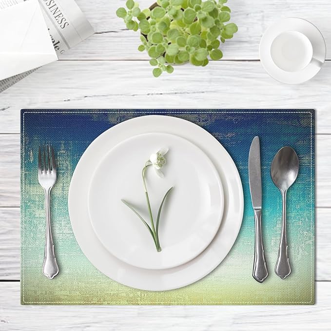 Emvency Farmhouse Placemats Set of 6, Abstract Vintage Blue Teal Rustic 12x18 Inch Linen Rectangular Place Table Mats for Indoors & Outdoor Home Party Kitchen Dining Decoration