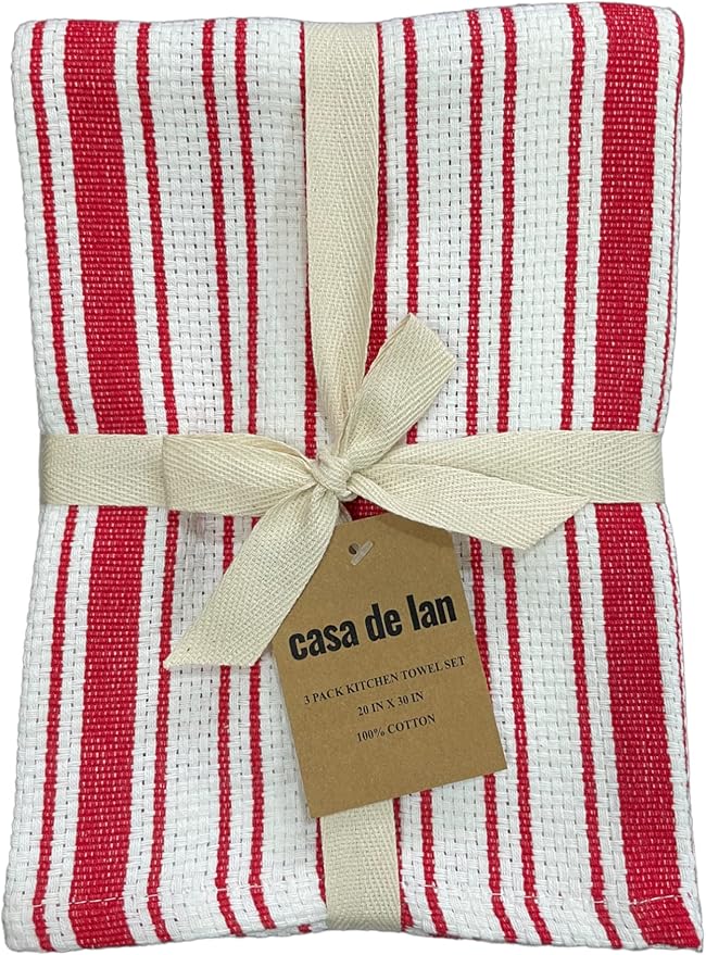 Kitchen Towels Set – Pack of 3 (20’’ x 30’’) Extra Large Premium Cotton Dish Towels for Kitchen – Basket Weave Towels – Absorbent – 100% Cotton – with Hanging Loop – Red