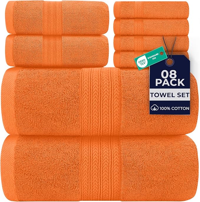 DAN RIVER 8 PC Luxury Bath Towels for Bathroom, 2 Bath, 2 Hand, and 4 Wash Cloths, 600 GSM 100% Ring Spun Cotton Towel Set, Highly Absorbent, Gym, Hotel, and Spa, Orange