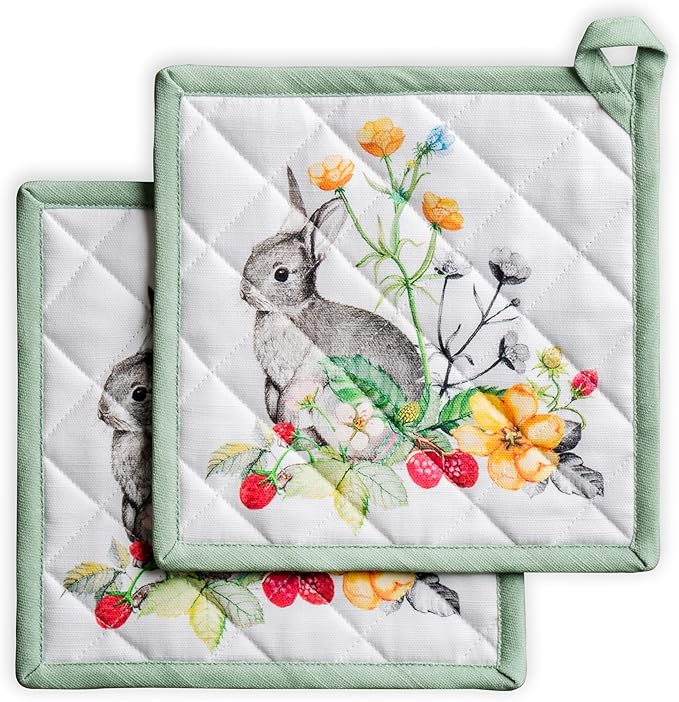 Maison d' Hermine Pot Holders 100% Cotton Heat Resistant Potholders 8" x 8" Hot Pads with Loop BBQ Cooking Baking Gifts for Mothers Day Handling Hot Pans Spring/Summer (Pack of 2, Printemps)