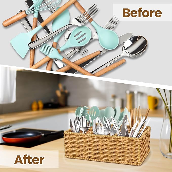 Wicker Utensil Caddy, Woven Rattan Silverware Caddy, Countertop Cutlery Storage Basket Flatware Organizer, Knife Fork Spoon Holder for Party, Cabinet Tabletop Utensil Holder (L, brown)