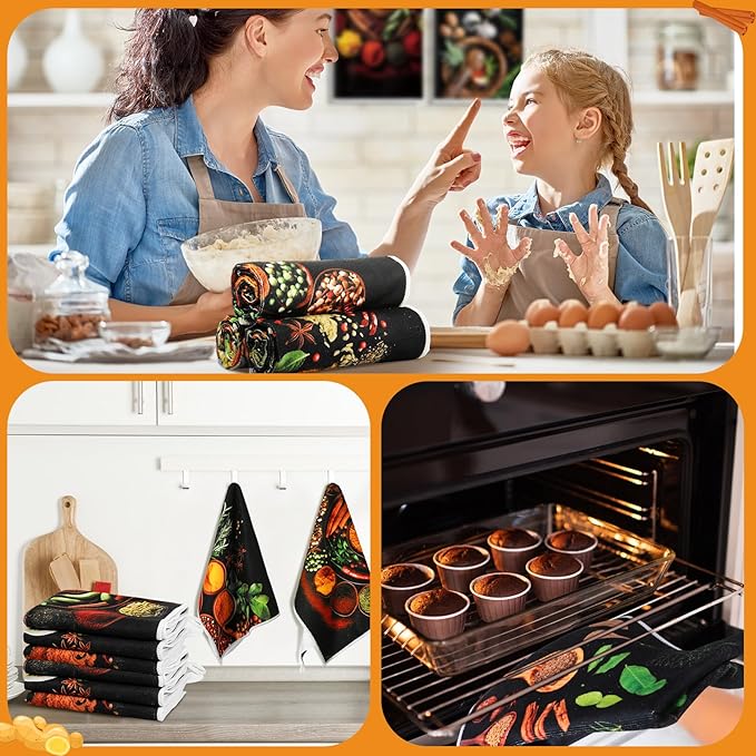 Breling Set of 6 Colorful Spices Kitchen Towels Microfiber Dish Towel Decorative Hand Towels Absorbent Tea Towel for Kitchen Bathroom Baking Coffee Bar Rustic Home Decor and Gifts, 14x21 Inches