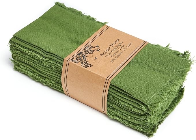 ACCENTHOME Olive Green Cotton Linen Napkin Set of 12 18x18 inch Dinner Napkins - Washable Soft Premium Hotel Quality Reusable Hemmed Edges Napkins Perfect Table Linens for Family Dinners, Weddings