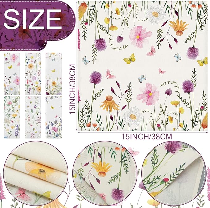 VitalCozy Cloth Napkins-15 x 15 Inch Soft Fabric Napkins Bulk Cloth Washable Reusable Plants Floral Square Napkin Cotton Dinner Towel for Spring Tea Party(Watercolor,24 Pcs)