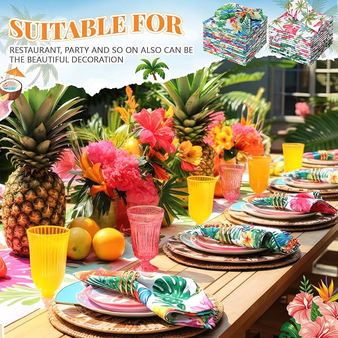 Nuogo 36 Packs Hawaiian Cloth Napkins 15" x 15" Hawaiian Guest Cloth Napkins with Tropical Floral Palm Leaves Flamingo Hand Towel for Summer Luau Party BBQ Dinner Wedding Table Decor