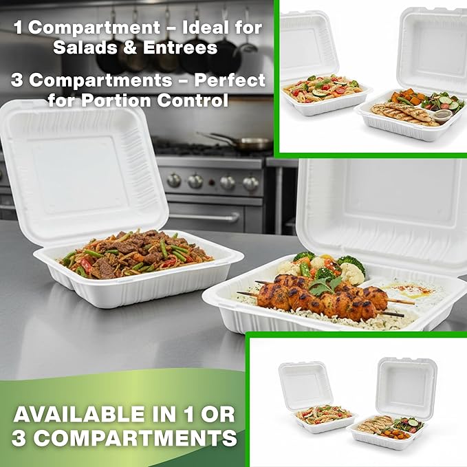 Front Lock MFPP Hinged Container, White Vented 9" x 9" – 1 Compartment Clamshell Disposable Takeout Boxes, Durable Microwaveable To-Go Containers for Restaurant & Food Service – 150 Pack