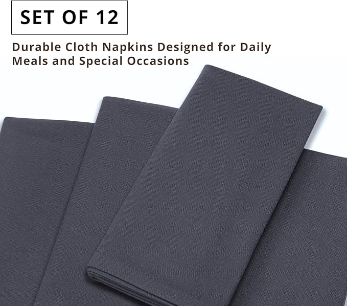 PurpleEssences Set of 12 Cloth Dinner Napkins 100% Cotton 18x18 Inch - Soft Durable Washable - Ideal for Farmhouse Party Spring Easter Summer - Perfect Everyday Use Table Linen - Dark Gray