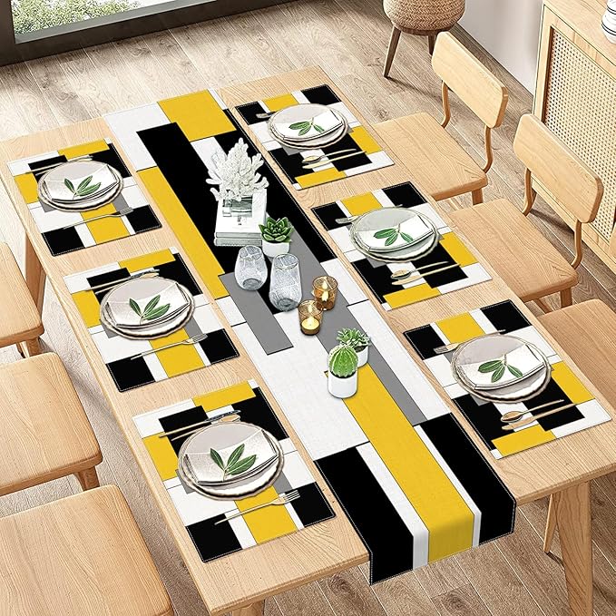 ArtSocket Geometric Table Runner and Placemats Set of 6, Yellow Black Grey Abstract Painting Art Dining Decor for Daily Use(1 Table Runner 72 inches Long and 6 Placemats)
